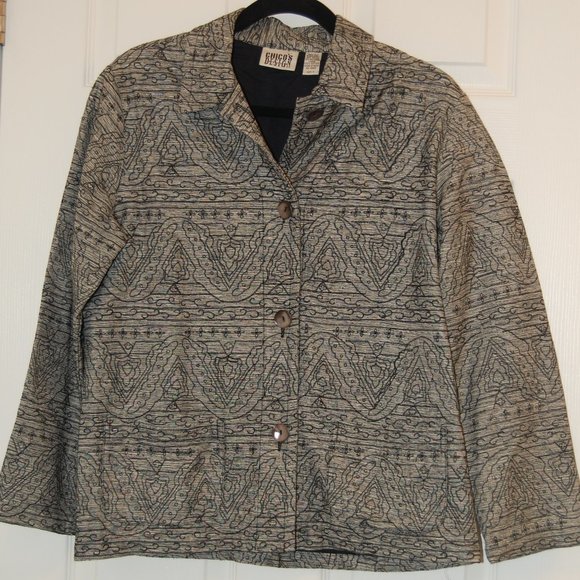 CHICOS DESIGN 100% Silk Black/Grey Patterned Jacket Size 1 - Picture 1 of 6